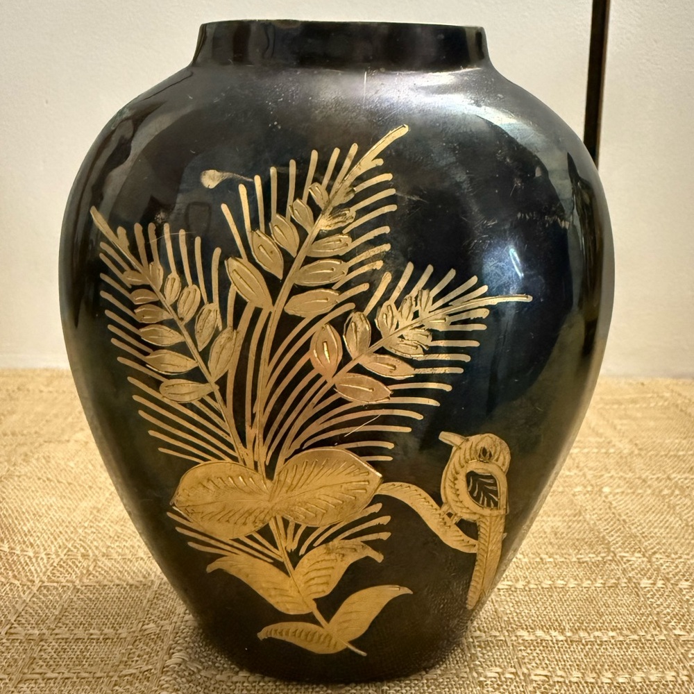 Vintage Brass Vase Black Oxidized, Golden Wheat With Bird